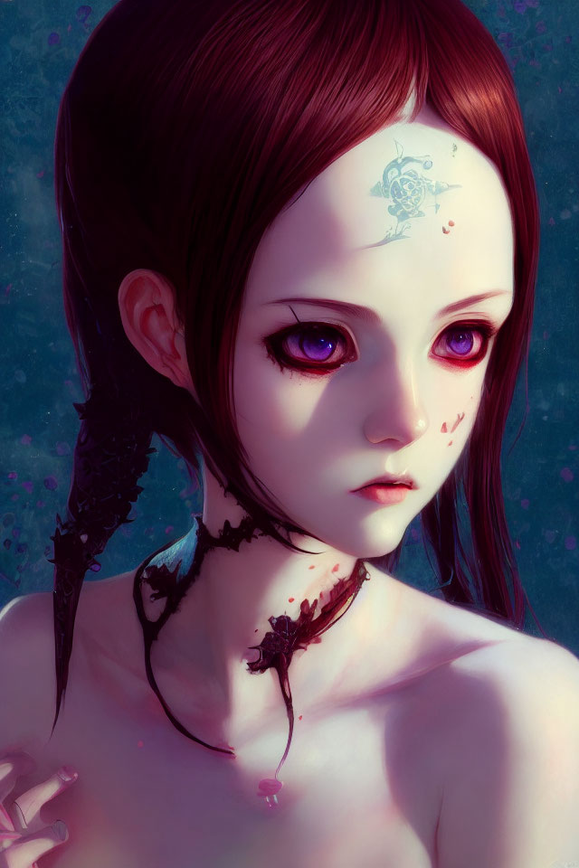 Portrait of a girl with pale skin, red eyes, dark hair, choker, shoulder spikes,