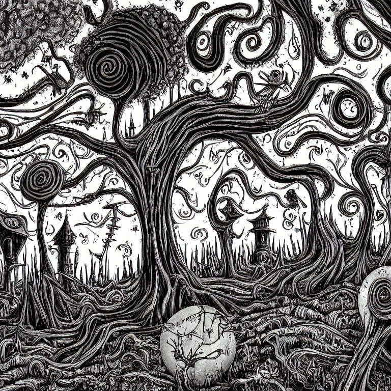 Detailed Monochromatic Forest Illustration with Whimsical and Surreal Elements