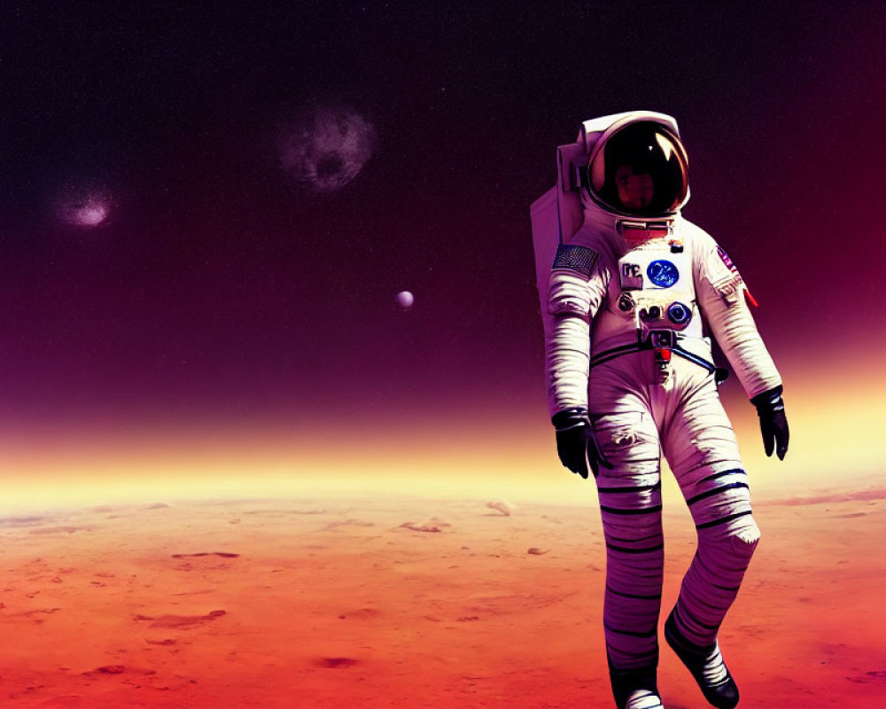 Astronaut in white space suit on red alien surface under purple sky