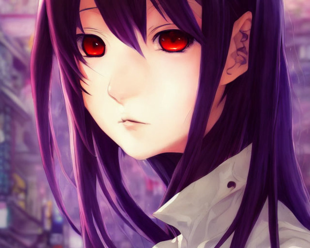 Anime-style character with purple hair and red eyes in urban setting