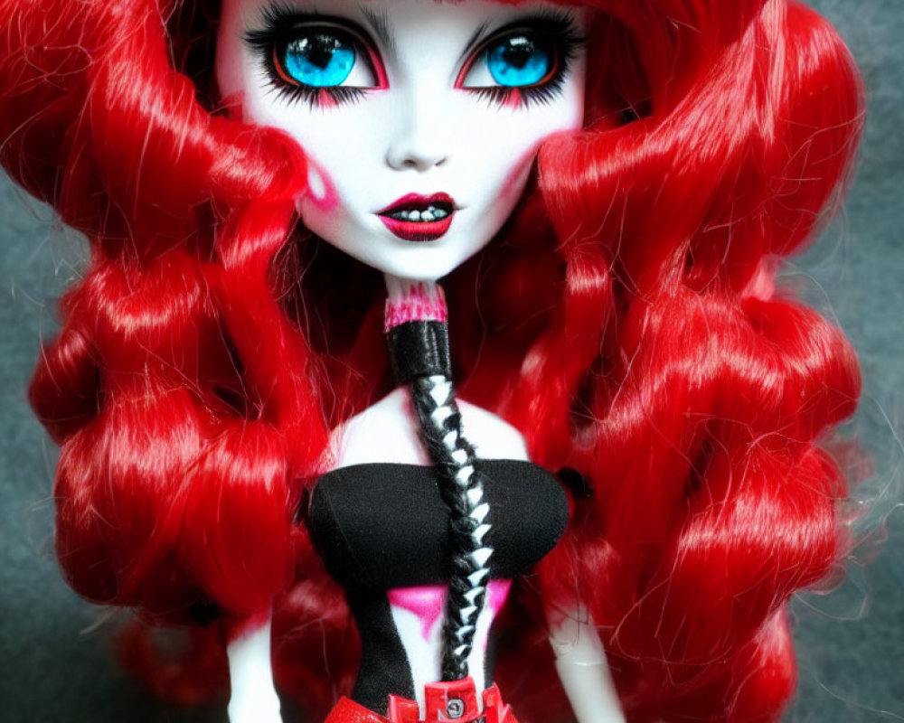 Vibrant red hair, blue eyes, bold makeup on doll in black and plaid dress