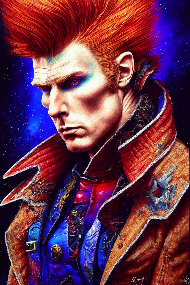 Vibrant Red Mohawk and Cosmic Jacket on Man Against Starry Background