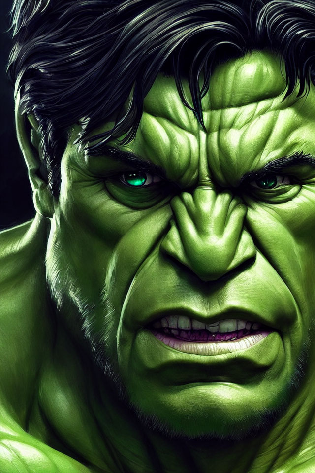 Detailed illustration of Hulk: Furrowed brow, intense green eyes, muscular physique, stern expression