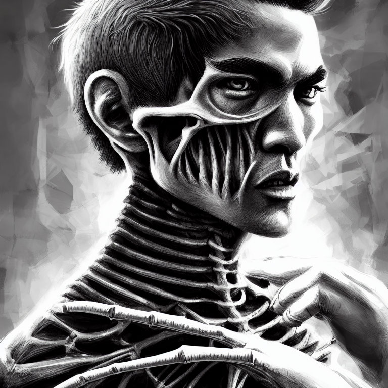 Monochromatic artwork depicting a person with half skeletal features, symbolizing life and death contrast.