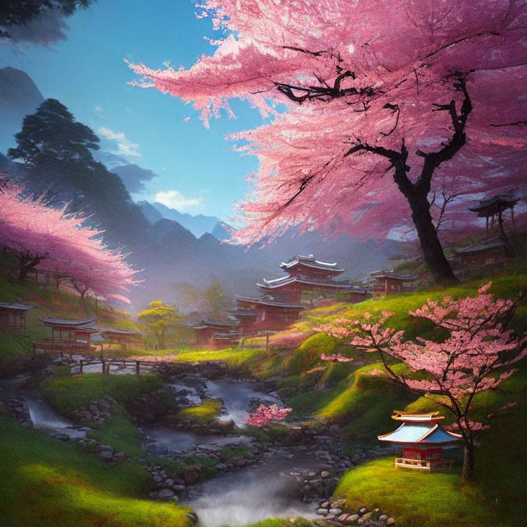 Tranquil Japanese landscape with cherry blossoms and traditional architecture