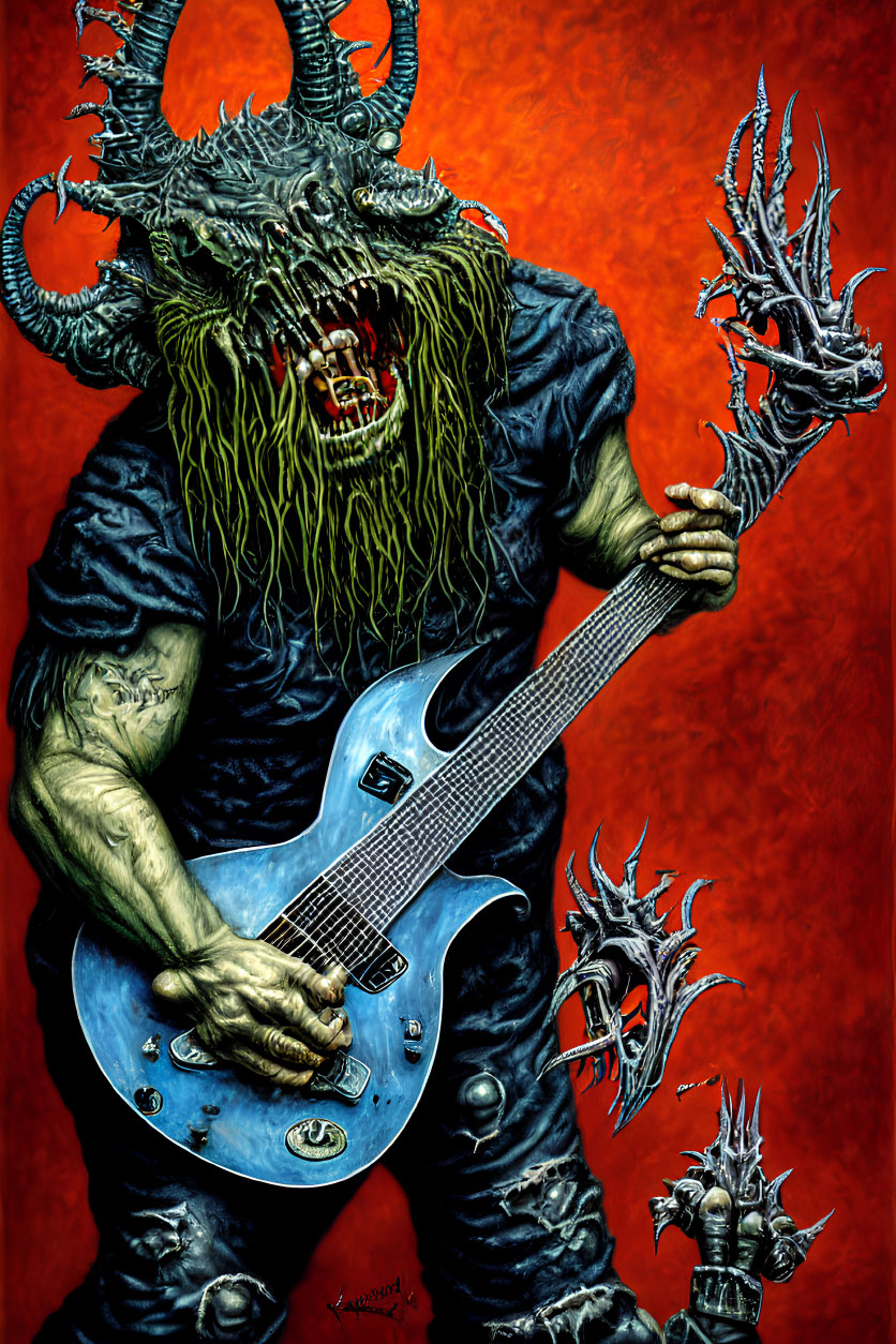 Monstrous creature with horns playing blue electric guitar on red backdrop