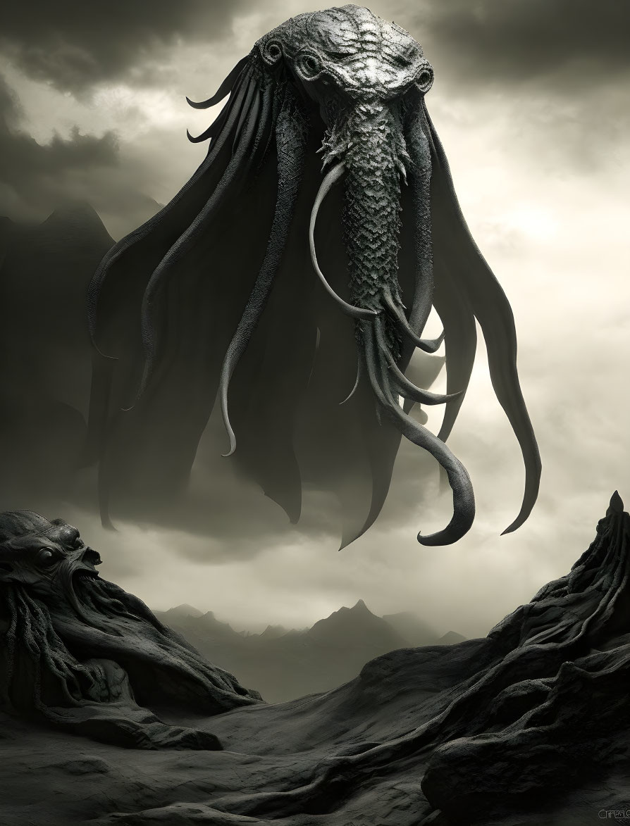 Monochrome fantasy illustration of ominous squid-like creature in desolate landscape