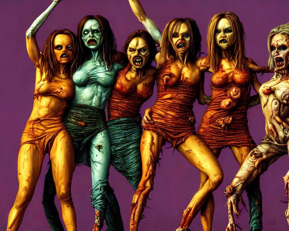 Illustrated Zombie Women with Grotesque Features on Purple Background