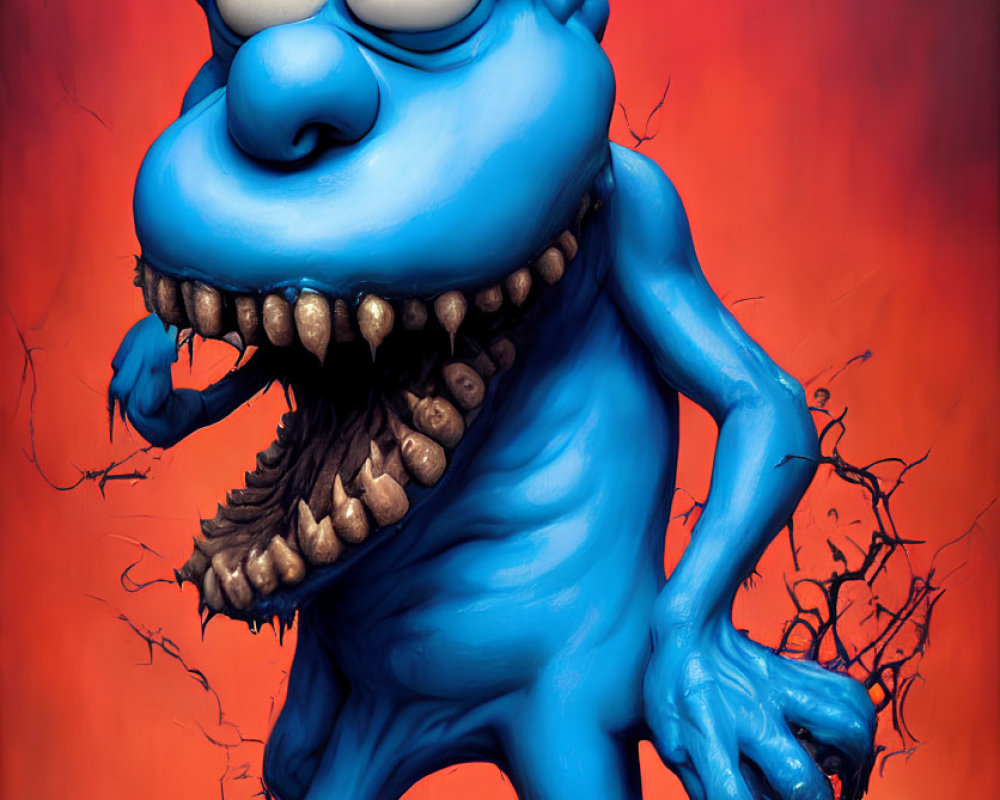 Blue Cartoon Monster with Big Eyes and Sharp Teeth on Fiery Red Background