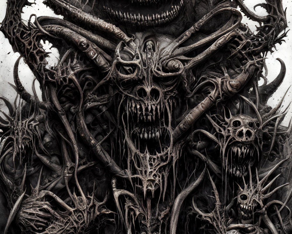 Intricate dark artwork: central skull figure with horns, surrounded by skeletal forms.