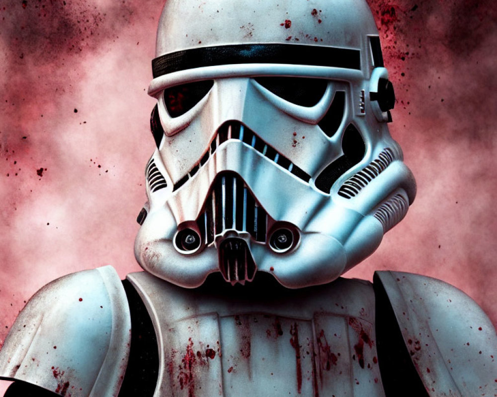 Battle-worn Stormtrooper helmet and armor with red splatters on red smoky background