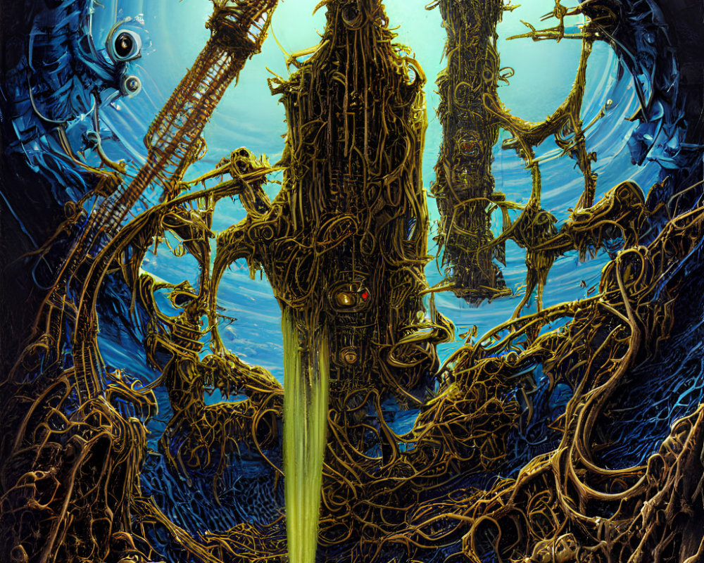 Intricate surreal biomechanical artwork in blue and yellow palette