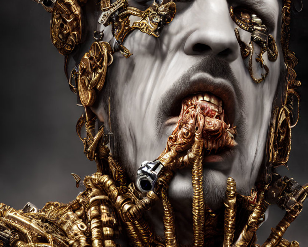 Surreal portrait: white skin, golden mechanical embellishments