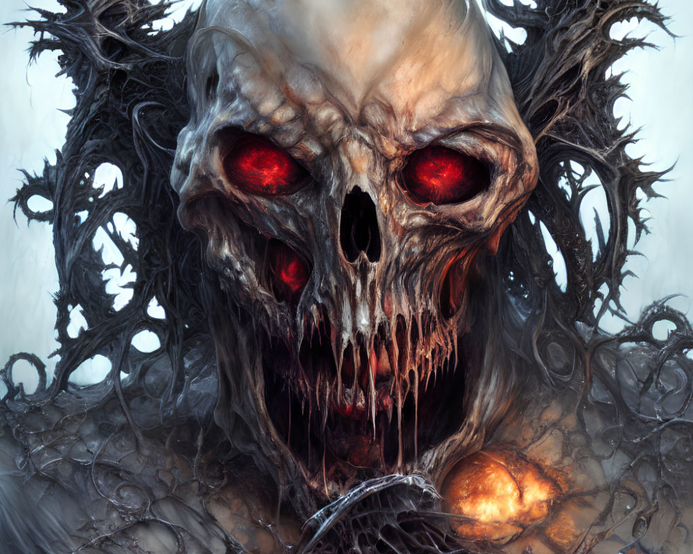 Monstrous skull with glowing red eyes and twisted branches on fiery orbs backdrop