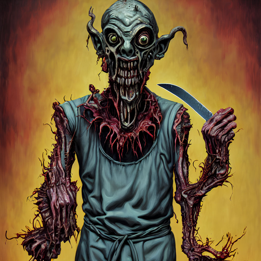 Grotesque zombie illustration with bulging eyes and knife, in tattered blue garment