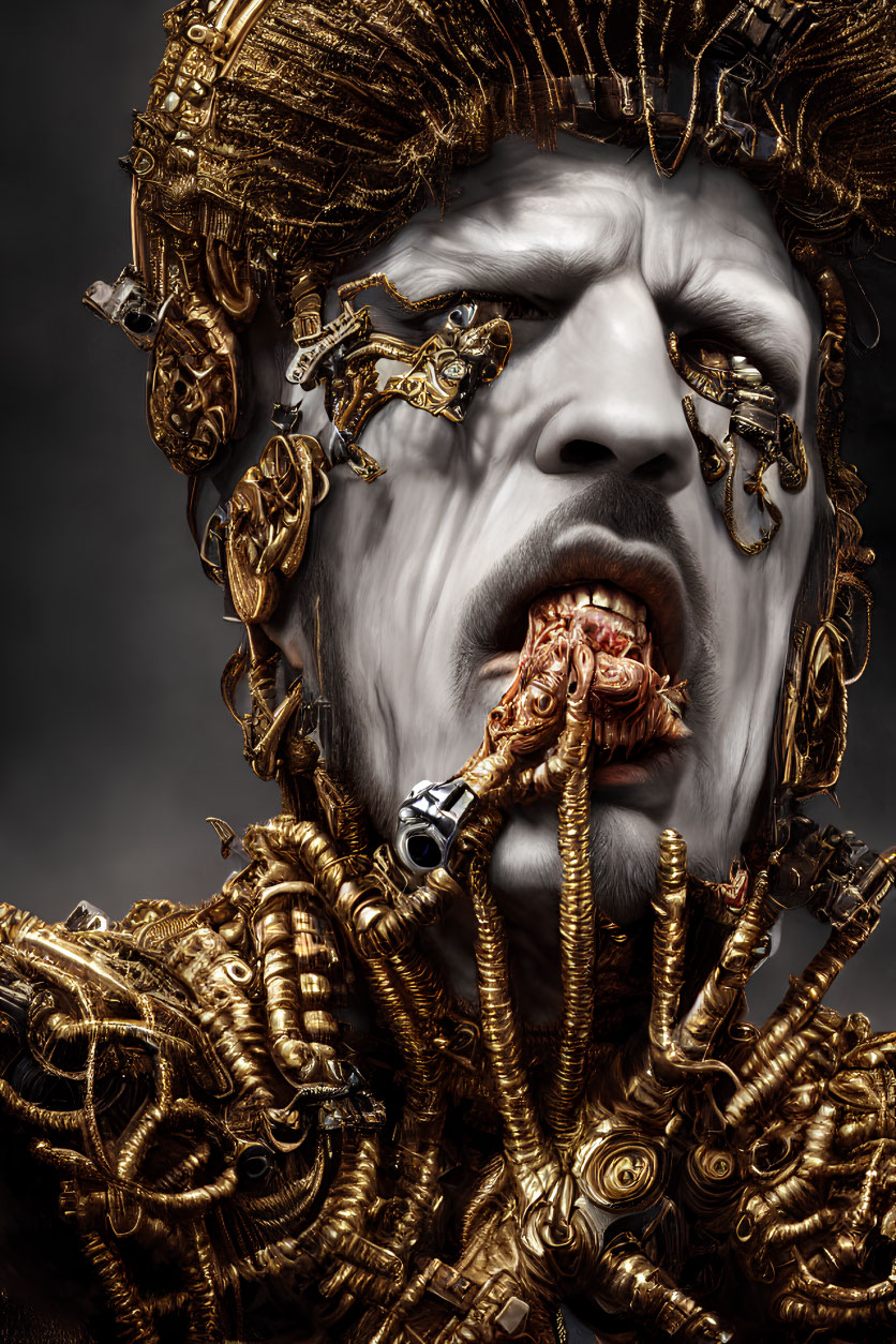 Surreal portrait: white skin, golden mechanical embellishments