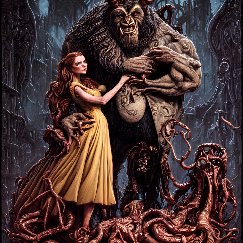 Woman in Yellow Dress with Friendly Beast in Gothic Setting