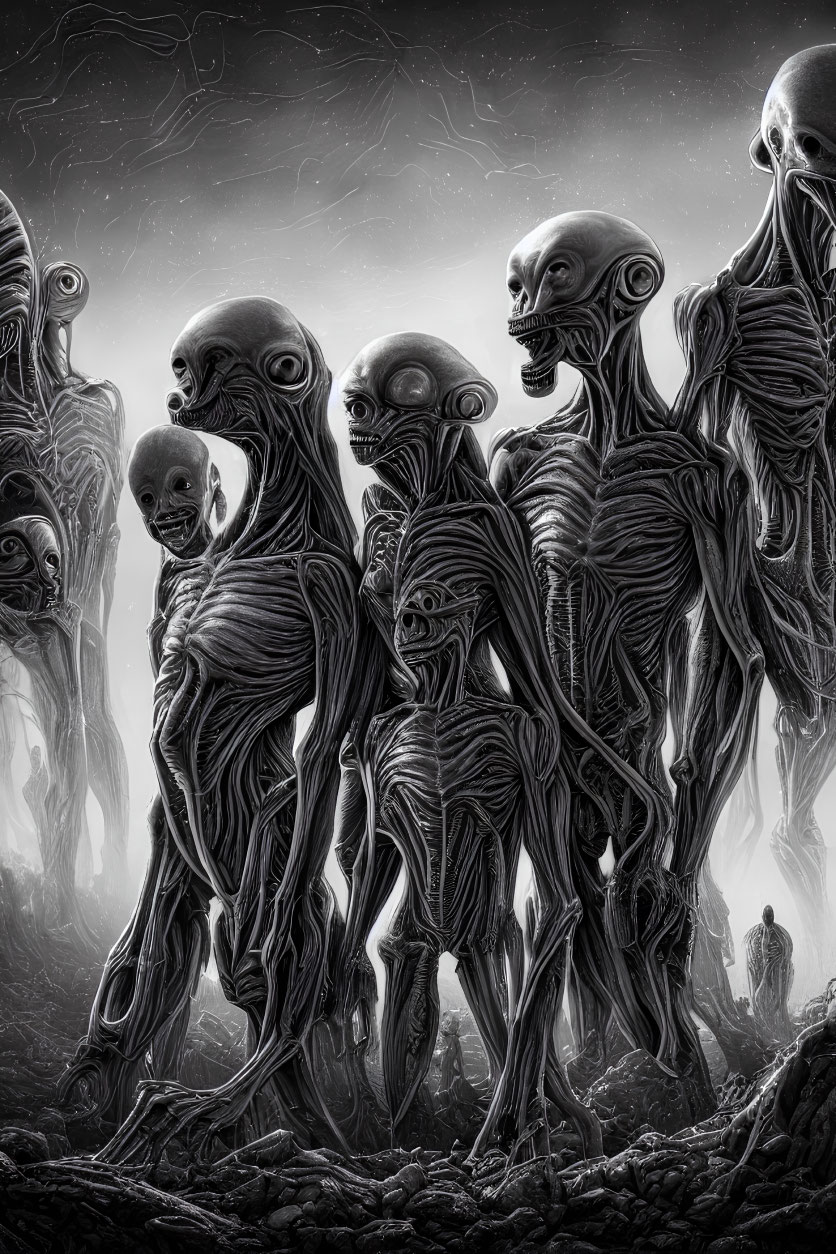 Monochrome artistic depiction of eerie alien figures in desolate landscape