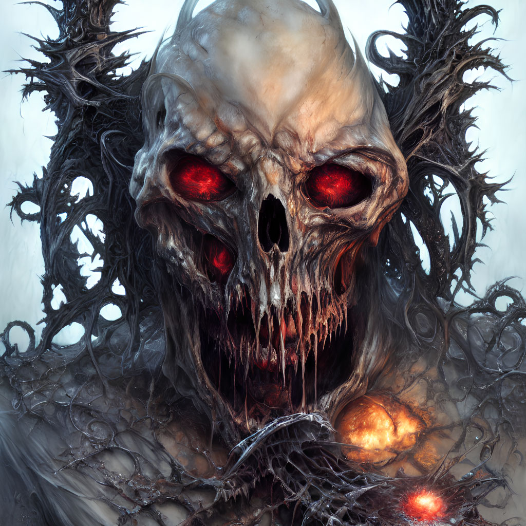 Monstrous skull with glowing red eyes and twisted branches on fiery orbs backdrop