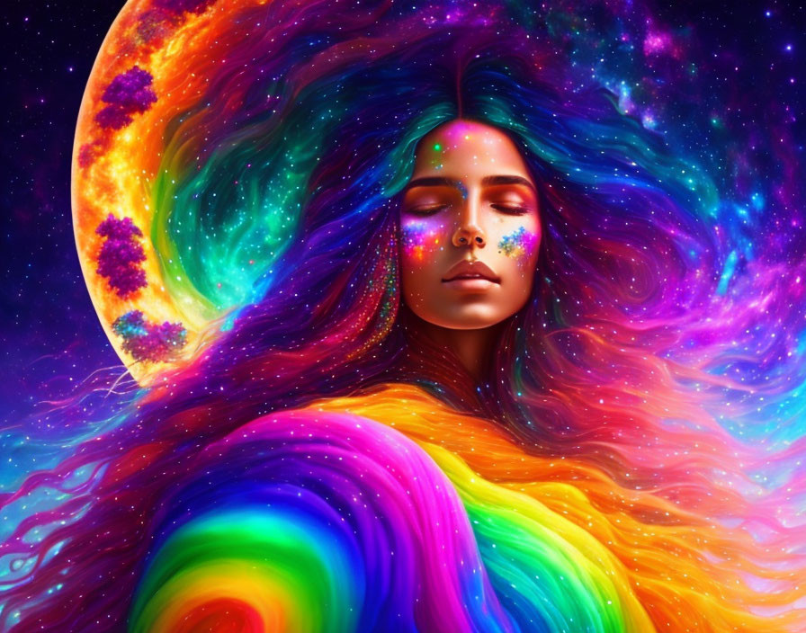 Colorful cosmic hair woman in starry space with moon.