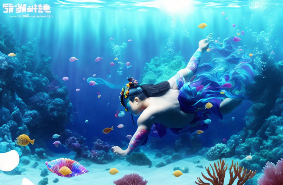 Woman with long blue hair in fantastical underwater scene among colorful fish