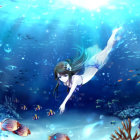 Woman with long blue hair in fantastical underwater scene among colorful fish