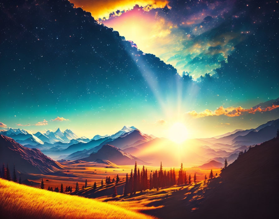 Scenic sunset over mountain landscape with sun rays and golden fields