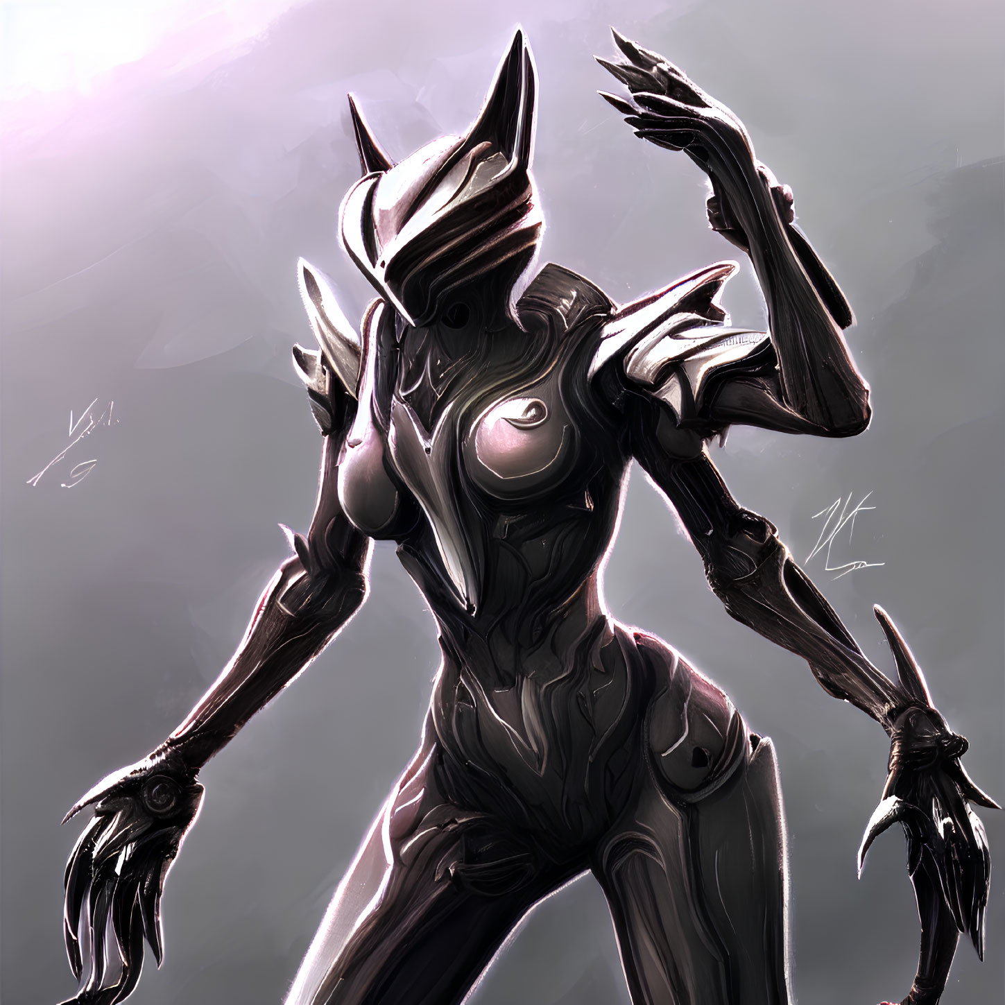 Metallic humanoid figure in angular armor and glowing accents against soft background