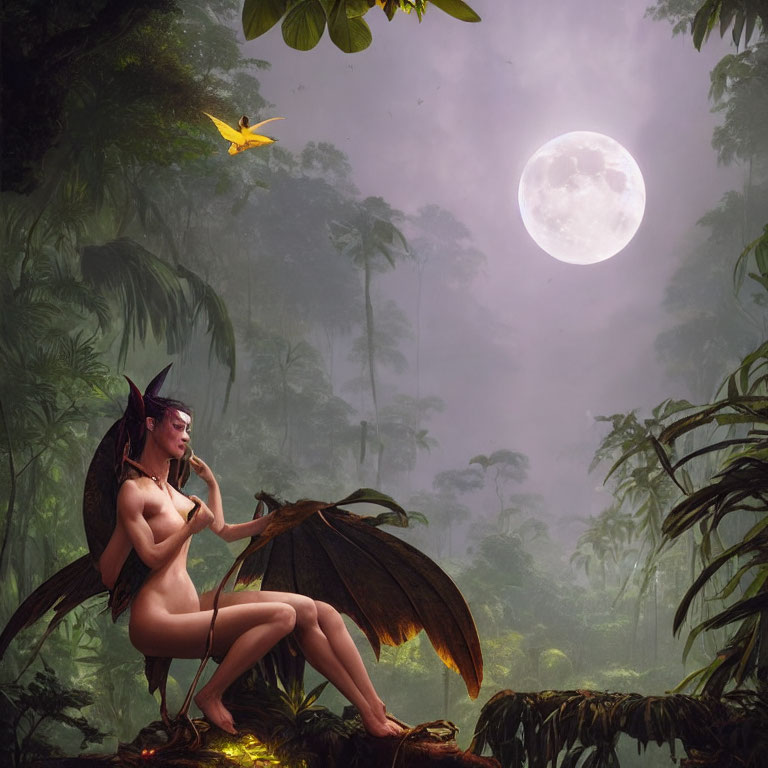 Mythical fairy with wings in misty jungle under full moon