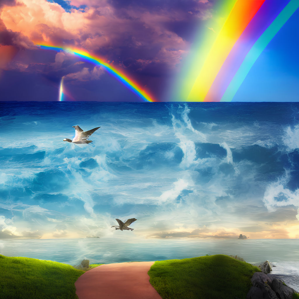 Colorful rainbow over stormy ocean with seagulls and sunset horizon