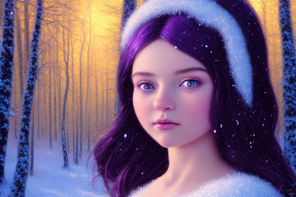 Digital artwork featuring girl with purple hair and blue eyes in winter hat, snowy forest background.