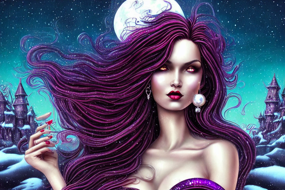 Illustrated woman with purple hair holding glowing orb in snowy fantasy landscape