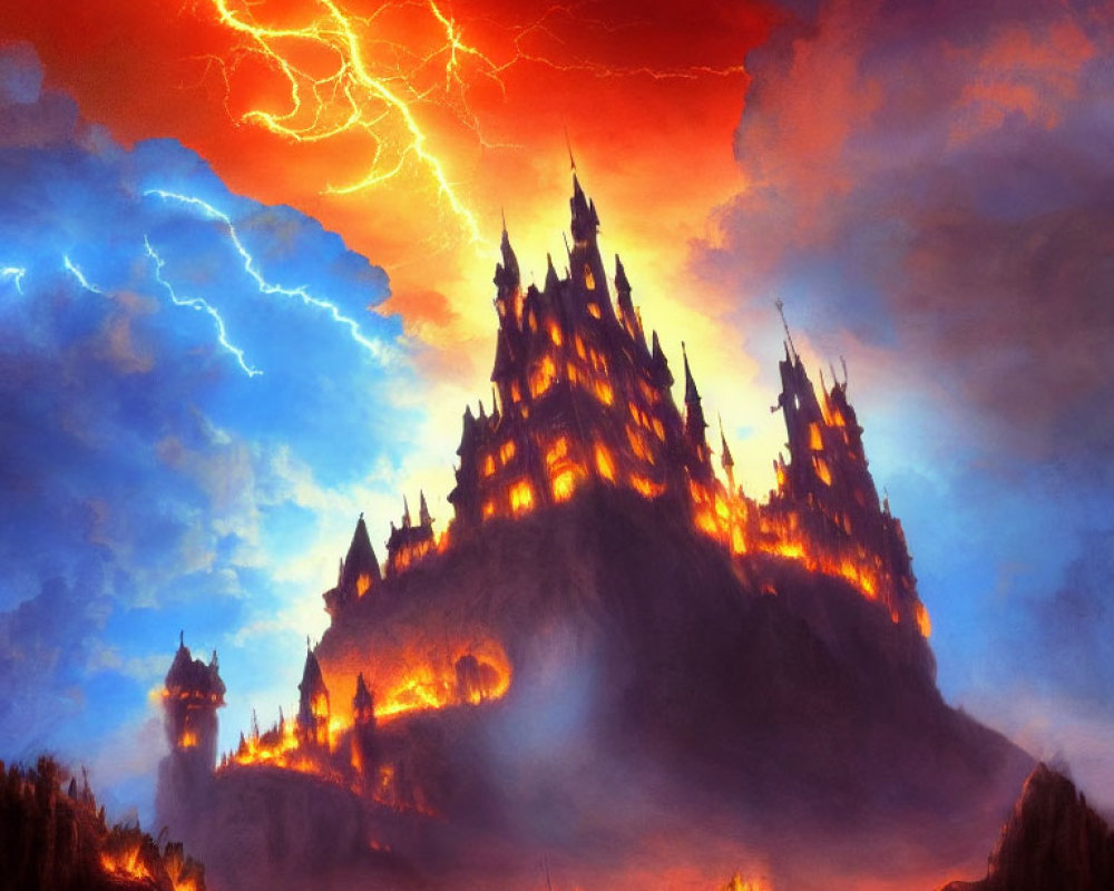 Fantasy castle on mountain engulfed in flames under stormy sky