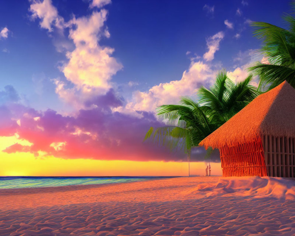 Tranquil sunset beach scene with palm trees, thatched hut, calm waters, and silhou