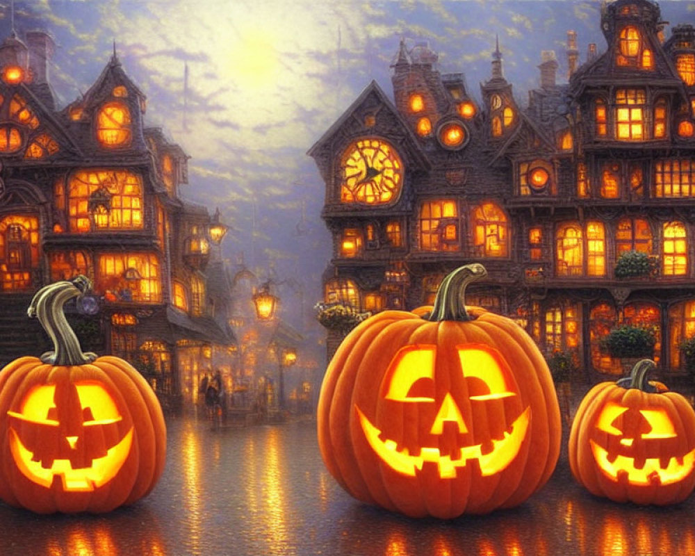 Whimsical Halloween illustration with jack-o'-lanterns and Victorian houses