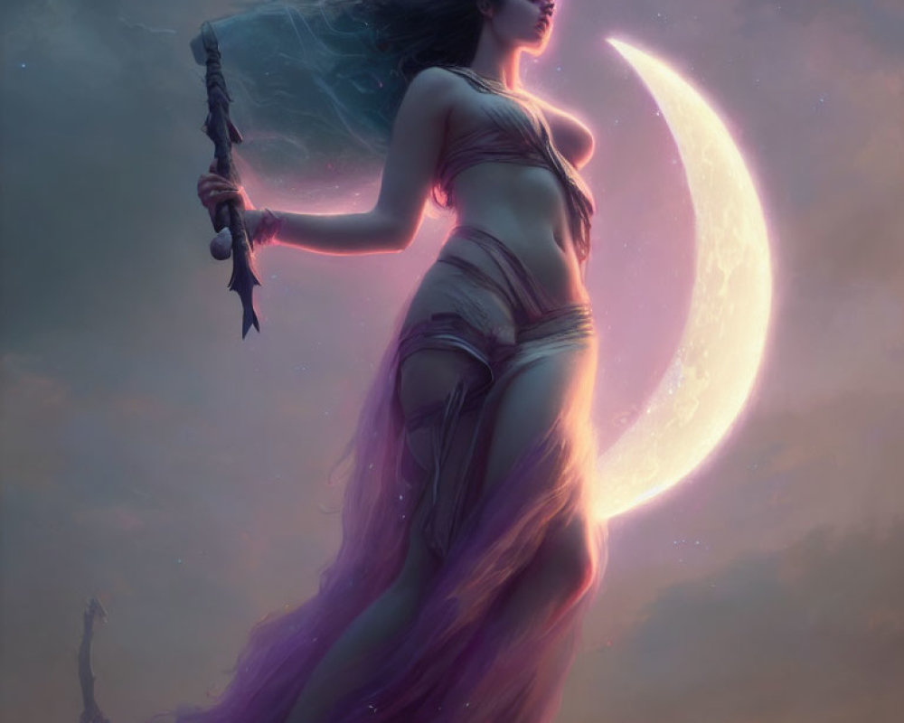 Mystical woman with flowing hair and staff under crescent moon