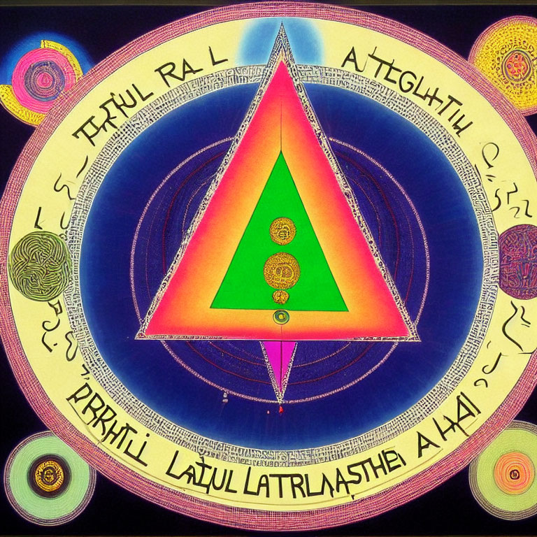 Colorful psychedelic artwork: Green pyramid in circles with intricate symbols on black background