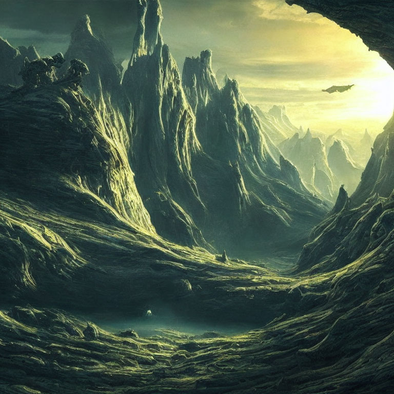 Mystical canyon with towering peaks and glowing entity