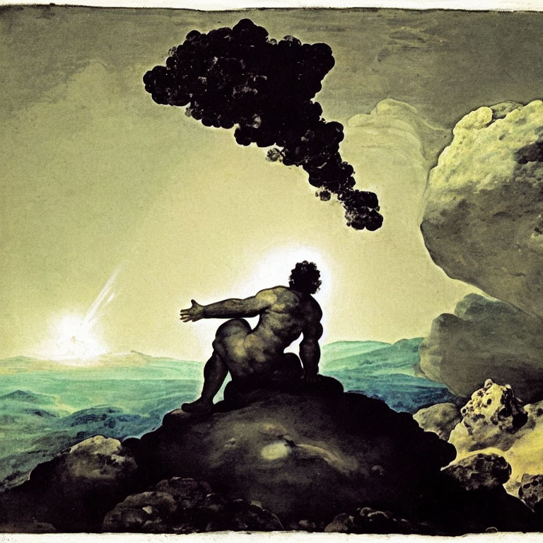 Seated Figure Reaching for Comet in Stormy Sky