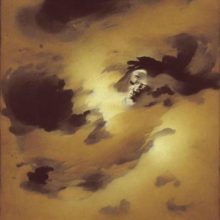 Face in Serene Golden Brown Clouds: Dream-like Visage