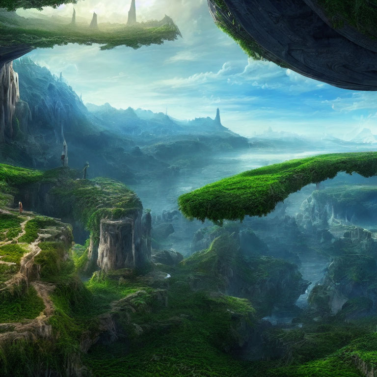 Fantastical landscape with floating islands and lush greenery