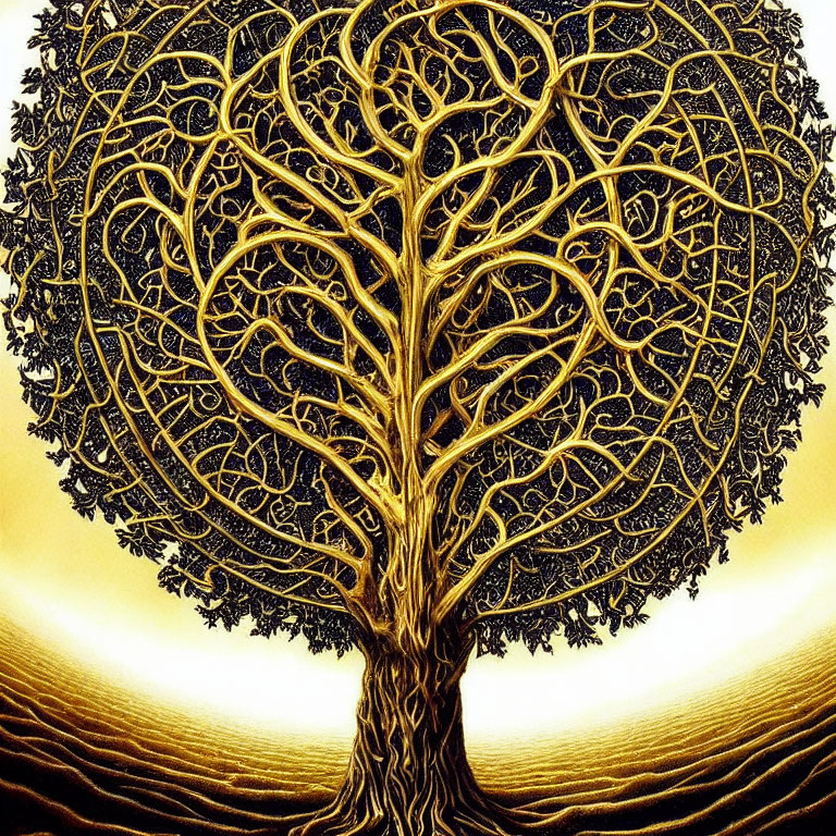 Golden tree with intricate branches on radiant yellow background