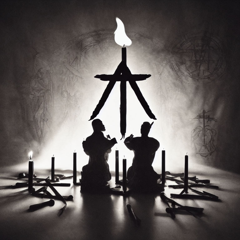 Silhouetted figures kneeling by large flame and symbols.