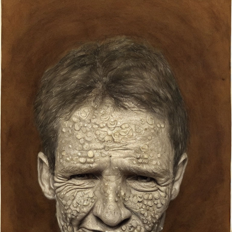 Surreal portrait of person with raised swirl patterns on skin against warm brown background