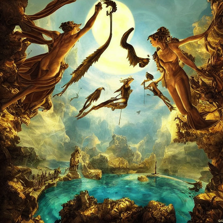 Fantastical winged figures soar around central moon in idyllic landscape