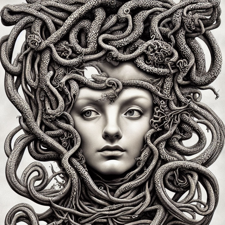 Detailed black and white illustration of person with ornate snake-like hairdo