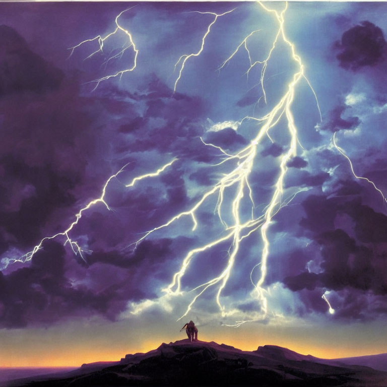 Person standing on hilltop under dramatic lightning-filled sky.