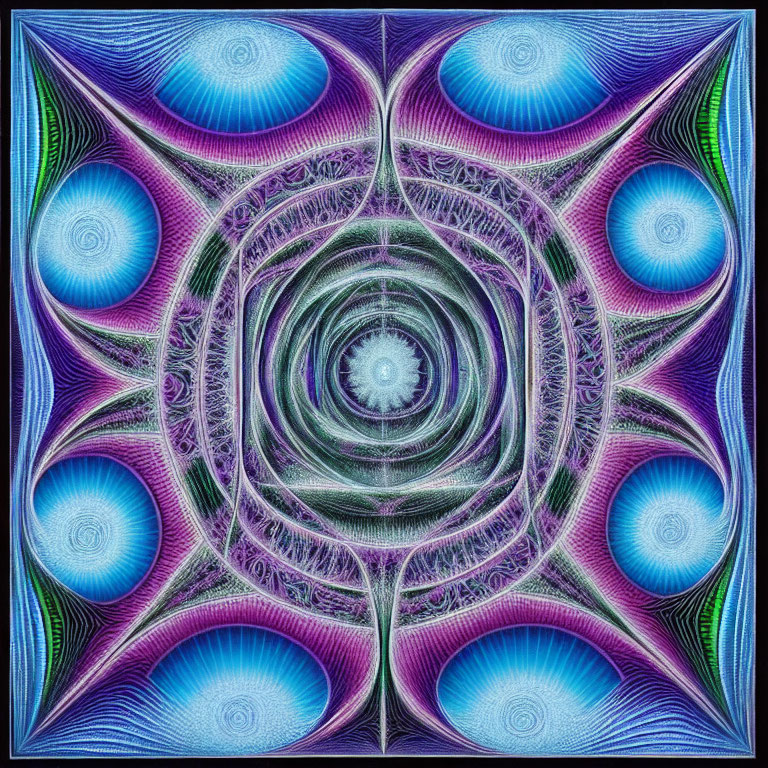 Symmetrical fractal pattern with circular shapes in blue, purple, and green.