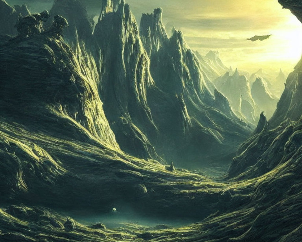 Mystical canyon with towering peaks and glowing entity