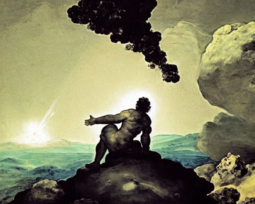 Seated Figure Reaching for Comet in Stormy Sky